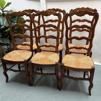 6 Vintage French Country ´Van Gogh’ Rare High Ladderback Rush Seat Dining Chairs