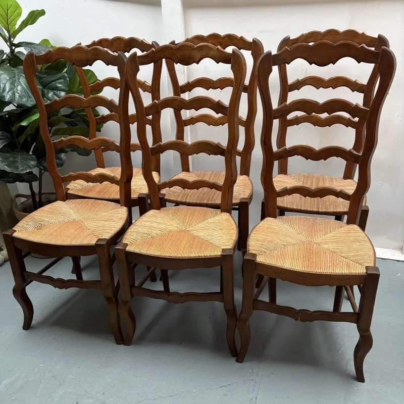 6 Vintage French Country ´Van Gogh’ Rare High Ladderback Rush Seat Dining Chairs