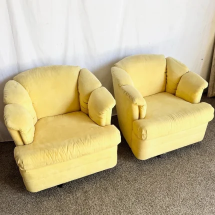 Vintage Postmodern Yellow Fabric Swivel Chairs - Pair